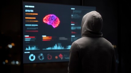 Child coding with AI integrated security, A person in a hoodie gazes at a high-tech interface displaying brain graphics and data analytics in a dark environment