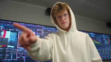 Child coding with AI integrated security, A young person in a white hoodie points towards digital screens displaying data and graphs, analysis or instruction