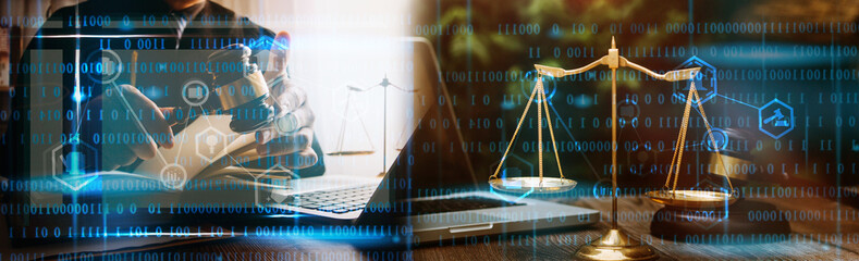 Business and lawyers discussing contract papers with brass scale on desk in office. Law, legal services, advice, justice and law concept picture with film grain effect