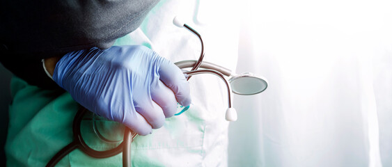 Double exposure of technology healthcare And Medicine concept. Doctors using digital tablet and modern virtual screen interface icons panoramic banner, blurred background.