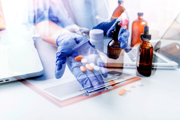 Medicine doctor team working with digital medical interface icons on the hospital background, Medical technology and network concept.