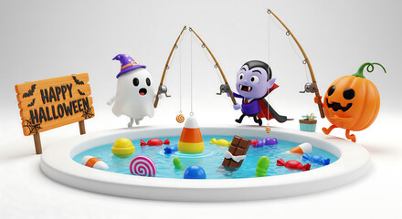 Cute Halloween characters including a ghost, vampire, and pumpkin fishing for candy in a small pool.