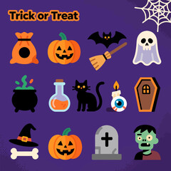 Spooky Halloween vector art featuring classic icons like pumpkins, ghosts, and a cauldron for festive designs that capture the fun and fright of the holiday
