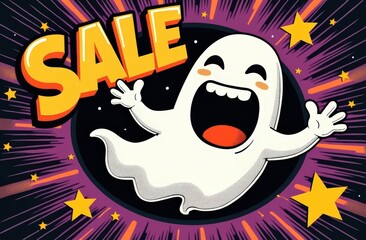 Halloween ghost sale poster with cheerful cartoon spirit and stars