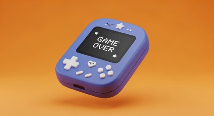 Retro handheld gaming device on orange background with "game over" screen