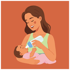 Vector illustration of a young mother gently feeding her newborn baby