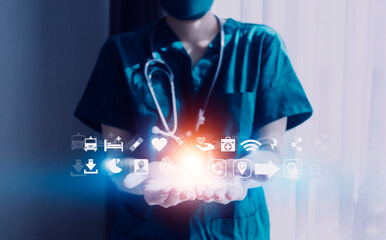 Medicine doctor or pharmacist use tablet or mobile phone.Health care and medical or Health Insurance concept.