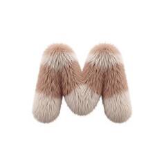 Fluffy 3d letter m with soft fur texture in pale brown and cream hues against white background