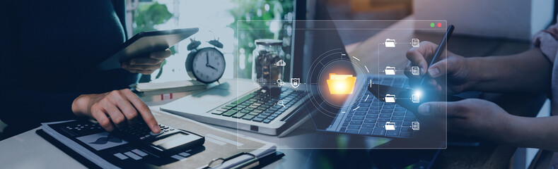 Document management system concept, business man holding folder and document icon software, searching and managing files online document database, for efficient archiving and company data.