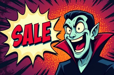 Cartoon vampire excited about sale with bold pop art style