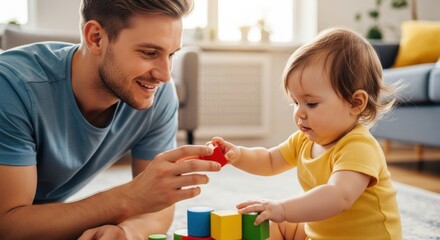 Fototapeta premium Father and child playing with colorful blocks in a cozy living room setting