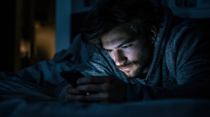 Man Using Smartphone in Dark Room at Night, Focused and Engaged in Activity While Lying on Bed