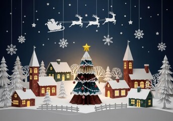 Festive christmas village scene with decorated tree and santa sleigh in snowy wonderland