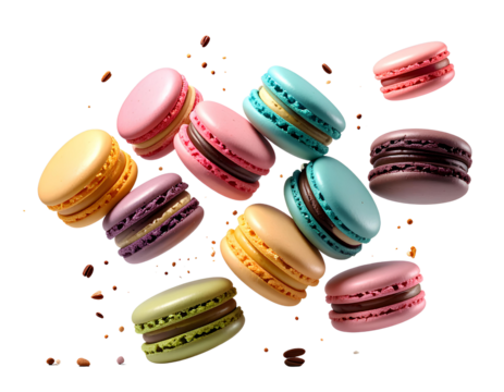 Various colorful of macarons floating on the air isolated on clean png background, De