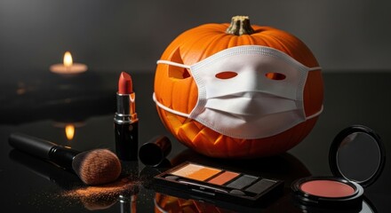 A carved pumpkin wearing a face mask sits on a shiny black surface. Beside it are makeup items, including a brush, lipstick, and eyeshadow palette, and a lit candle