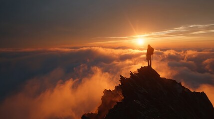 A hiker's silhouette against a dramatic sunrise above the clouds from a rocky peak