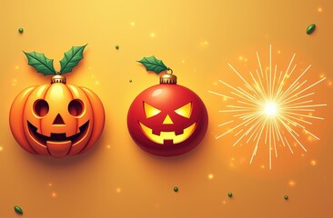Naklejka premium Festive halloween ornaments with jack-o'-lanterns and sparkling fireworks on orange background