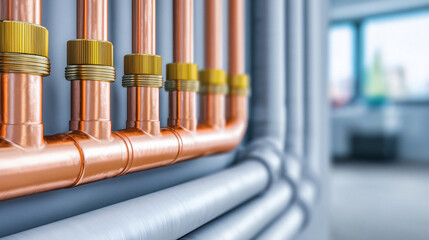Modern copper plumbing with golden fittings offers reliable water supply perfect for construction projects and home improvement advertising campaigns