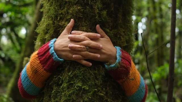 Close up of female arms and hands gently embracing a mossy tree trunk in forest, symbol of connection with nature, love for environment, mindfulness and harmony, concept of ecology, care and spiritual