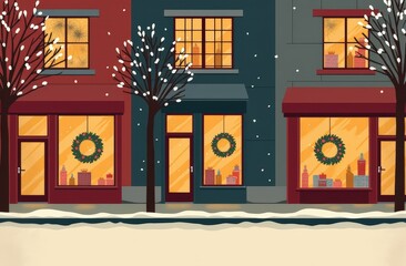 Festive winter street with snow-covered trees and holiday decorated windows