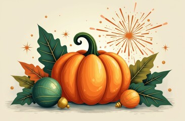 Festive autumn pumpkin with decorative leaves and ornaments