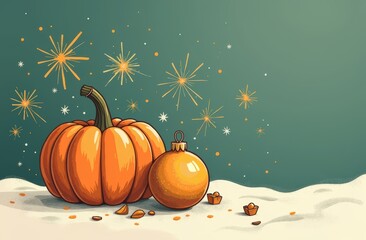 Festive holiday scene with pumpkin and ornament amidst fireworks