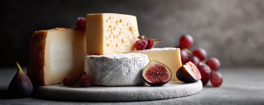 Elegant still life of assorted cheeses, figs, and grapes on a marble board. Ideal for culinary projects, gourmet food blogs, or wine and cheese pairing promotions.