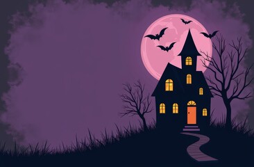 Spooky haunted house under moonlit sky with bats and bare trees