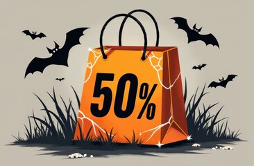 Spooky halloween shopping bag with 50% discount amid flying bats and cobwebs
