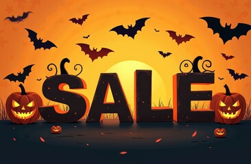 Halloween sale: spooky pumpkin and bat theme with vibrant sunset background