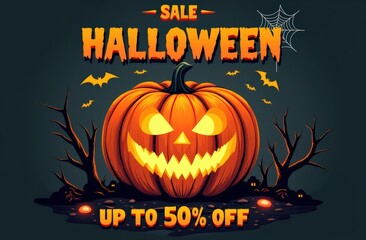 Halloween sale poster featuring jack-o'-lantern with 50% discount offer