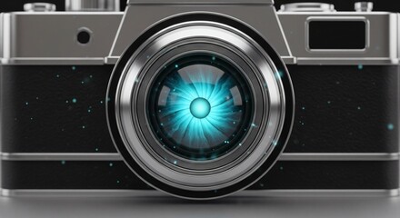 Close-up of a vintage-style camera lens with a glowing blue abstract light design.