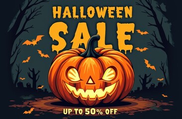 Halloween sale promotion with spooky jack-o'-lantern and bats