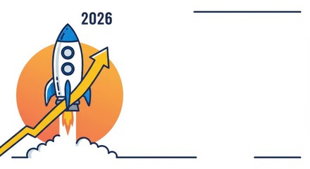 Rocket Towards Future: A stylized illustration of a rocket ascending, with an upward-trending arrow, symbolizing growth and innovation, pointing towards the year 2026.