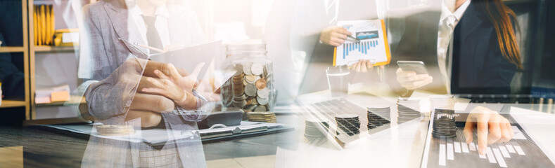 Business team finance or bookkeeper working with a calculator to calculate business data summary report, accountancy document and laptop computer at the office, business meeting concept