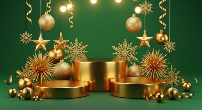 Gilded Christmas stage with ornate baubles, snowflakes, and fairy lights on green - Powered by Adobe