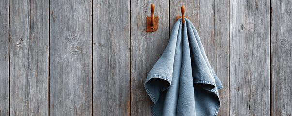 Rustic charm. A blue towel hangs on a weathered wood wall with aged hooks. Warm, cozy, farmhouse style. Great for design mockups, backgrounds, or product promotion.