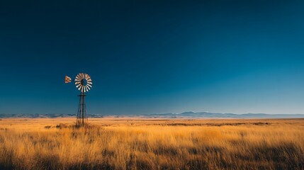 A lone windmill standing in a vast open field of tall yellow grass under a deep blue sky