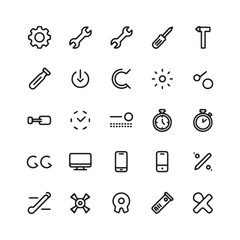 Obraz premium Modern collection of forty minimalist tools, settings, and maintenance thin line icons. 