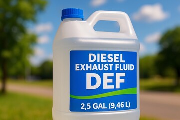 A clear plastic jug of diesel exhaust fluid labeled DEF with a blue cap sits outdoors against a blurred background of green trees and blue sky