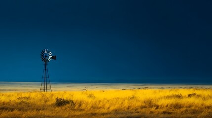 A lone windmill standing in a vast open field of tall yellow grass under a deep blue sky