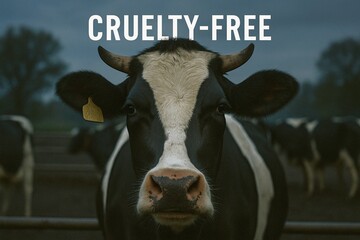 A black and white cow with a yellow ear tag stares solemnly at the camera under a cloudy sky with cruelty free text overlaid above its head