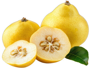 Three yellow pears, one sliced revealing seeds, and green leaf on black