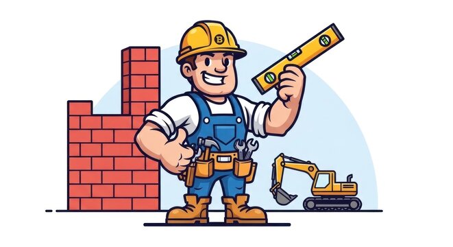 A cheerful cartoon construction worker in a hard hat and overalls, holding a level, giving a thumbs-up. Bricks and excavator nearby
