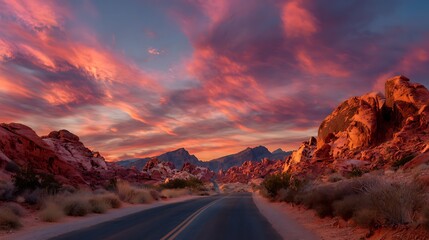 A long empty road leading through colorful desert rock formations at sunset with dramatic sky colors