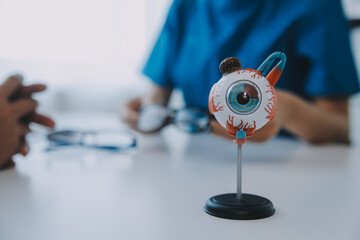 Close-up of Asian female doctor talking with elderly patient showing eyeball model and explaining eye disease in hospital
