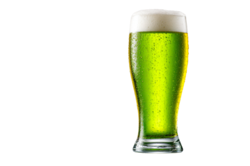 Tall frosty glass of vibrant green beer with a foamy head.