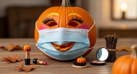 A pumpkin with carved eyes and a smiling mouth wears a face mask and makeup, next to fall leaves, accessories, and other pumpkins