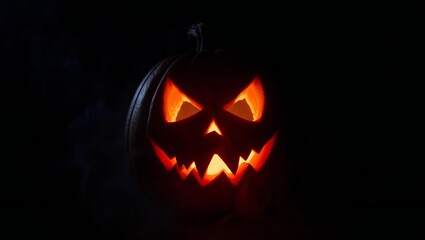 Spooky jack o lantern glowing with an eerie orange light in the dark