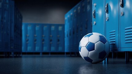 Soccer ball resting on the floor in a locker room with blue lockers in the